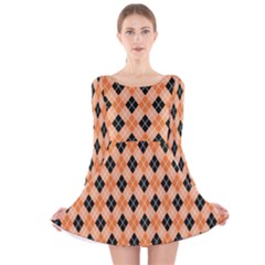 Halloween Inspired Black Orange Diagonal Plaids Long Sleeve Velvet Skater Dress by ConteMonfrey