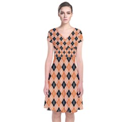 Halloween Inspired Black Orange Diagonal Plaids Short Sleeve Front Wrap Dress by ConteMonfrey