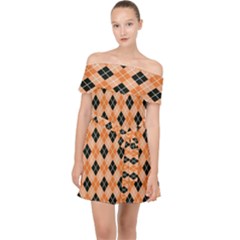 Halloween Inspired Black Orange Diagonal Plaids Off Shoulder Chiffon Dress by ConteMonfrey