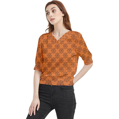 Halloween Black Orange Spider Web   Quarter Sleeve Blouse by ConteMonfrey