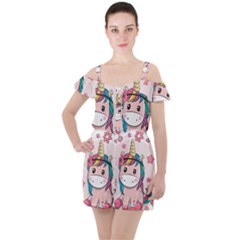 Cartoon Unicorn Fantasy Ruffle Cut Out Chiffon Playsuit by Jancukart