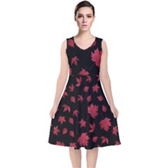 Red Autumn Leaves Autumn Forest V-neck Midi Sleeveless Dress  by Ravend