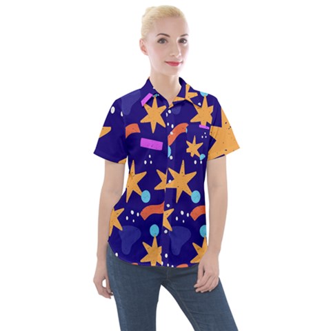 Star Abstract Pattern Wallpaper Women s Short Sleeve Pocket Shirt by Wegoenart