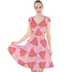 Background Watermelon Pattern Fruit Cap Sleeve Front Wrap Midi Dress by Wegoenart