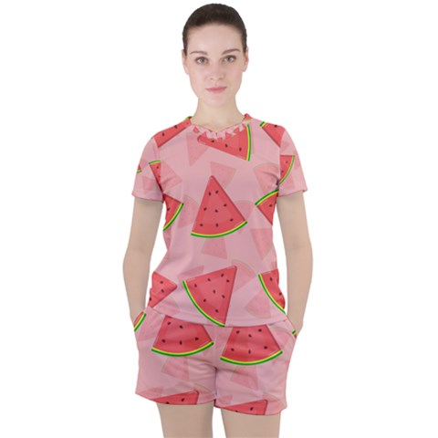 Background Watermelon Pattern Fruit Women s Tee And Shorts Set by Wegoenart