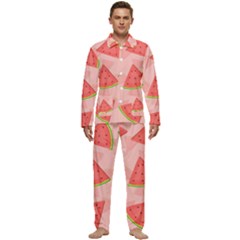 Background Watermelon Pattern Fruit Men s Long Sleeve Velvet Pocket Pajamas Set by Wegoenart