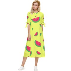 Watermelon Pattern Wallpaper Bow Sleeve Chiffon Midi Dress by Wegoenart