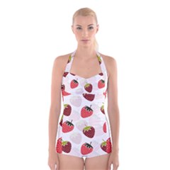 Strawberry Pattern Background Boyleg Halter Swimsuit  by Wegoenart