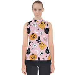 Pumpkin Cat Pattern Skull Mock Neck Shell Top by Wegoenart