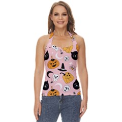 Pumpkin Cat Pattern Skull Basic Halter Top by Wegoenart