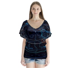 Earth Map Futuristic Globe V-neck Flutter Sleeve Top by danenraven