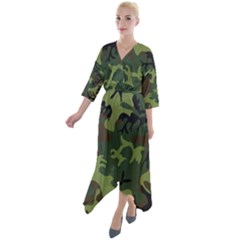 Green Brown Camouflage Quarter Sleeve Wrap Front Maxi Dress by nateshop