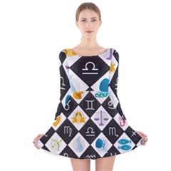 Zodiac Astrology Horoscope Pattern Long Sleeve Velvet Skater Dress by Wegoenart