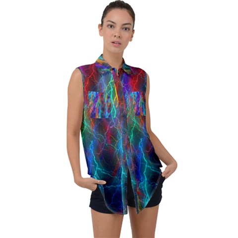 Wizzard Flash Flashes Template Abstract Sleeveless Chiffon Button Shirt by Wegoenart