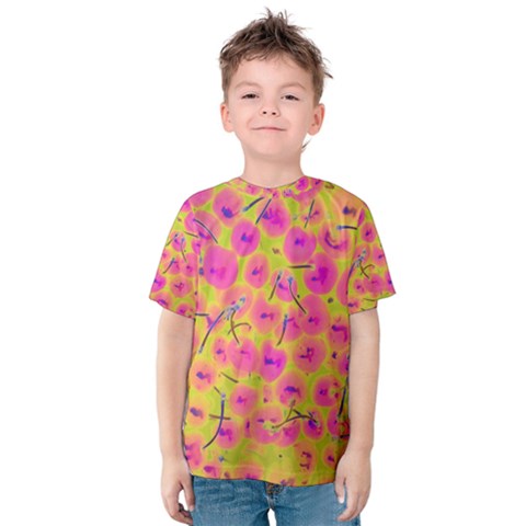 Cherries Fruit Food Neon Texture Fluorescent Kids  Cotton Tee by Wegoenart