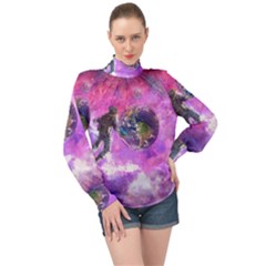 Astronaut Earth Space Planet Fantasy High Neck Long Sleeve Chiffon Top by Ravend