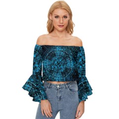 Network Circuit Board Trace Off Shoulder Flutter Bell Sleeve Top by Ravend