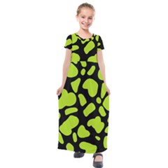 Neon Green Cow Spots Kids  Short Sleeve Maxi Dress by ConteMonfrey