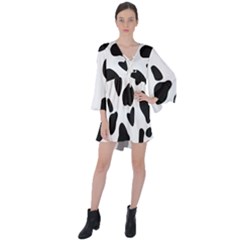 Black And White Spots V-neck Flare Sleeve Mini Dress by ConteMonfrey