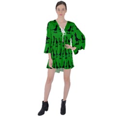 Green Dinos V-neck Flare Sleeve Mini Dress by ConteMonfrey