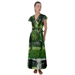 Beeches Trees Tree Lawn Forest Nature Flutter Sleeve Maxi Dress by Wegoenart