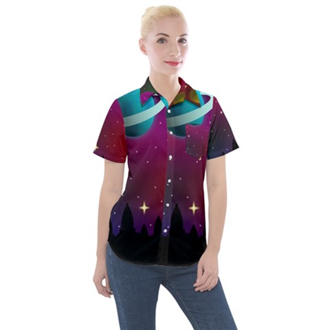 Asteroid Comet Star Space Aurora Women s Short Sleeve Pocket Shirt by Wegoenart