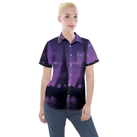 Eiffel Tower Paris-nigh Silhouette Women s Short Sleeve Pocket Shirt by Wegoenart