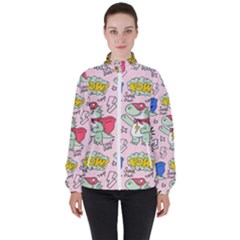 Seamless Pattern With Many Funny Cute Superhero Dinosaurs T-rex Mask Cloak With Comics Style Women s High Neck Windbreaker by Ravend