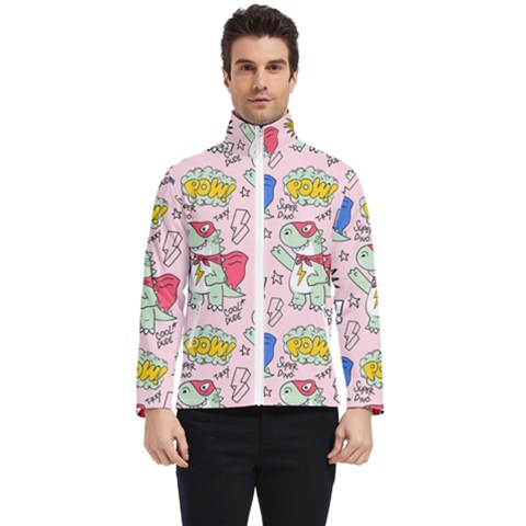 Seamless Pattern With Many Funny Cute Superhero Dinosaurs T-rex Mask Cloak With Comics Style Men s Bomber Jacket by Ravend