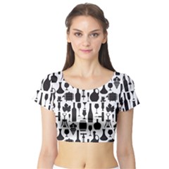 Wine Pattern Black White Short Sleeve Crop Top by Jancukart