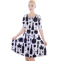 Wine Pattern Black White Quarter Sleeve A-line Dress by Jancukart