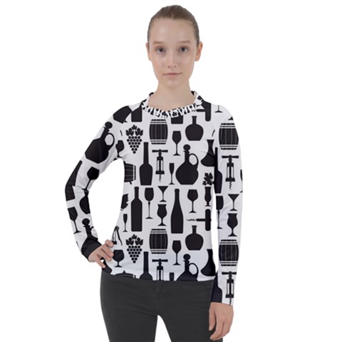 Wine Pattern Black White Women s Pique Long Sleeve Tee by Jancukart