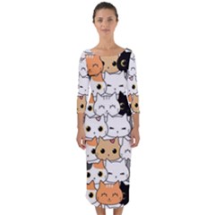 Cute-cat-kitten-cartoon-doodle-seamless-pattern Quarter Sleeve Midi Bodycon Dress by Jancukart