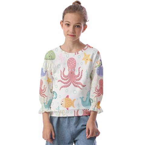Underwater-seamless-pattern-light-background-funny Kids  Cuff Sleeve Top by Jancukart