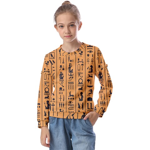 Egyptian-hieroglyphs-ancient-egypt-letters-papyrus-background-vector-old-egyptian-hieroglyph-writing Kids  Long Sleeve Tee With Frill  by Jancukart