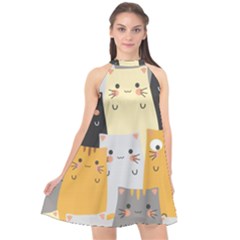 Seamless Pattern Cute Cat Cartoons Halter Neckline Chiffon Dress  by Wegoenart