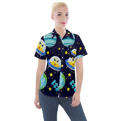 Space Seamless Pattern Women s Short Sleeve Pocket Shirt by Wegoenart