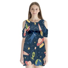 Seamless Pattern With Funny Alien Cat Galaxy Shoulder Cutout Velvet One Piece by Wegoenart