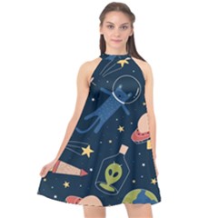 Seamless Pattern With Funny Alien Cat Galaxy Halter Neckline Chiffon Dress  by Wegoenart