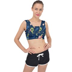 Seamless Pattern With Funny Alien Cat Galaxy V-back Sports Bra by Wegoenart