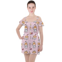 Set Kawaii Smile Japanese Dog Cartoon Ruffle Cut Out Chiffon Playsuit by Wegoenart