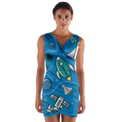 Rocket Ship Space Seamless Pattern Wrap Front Bodycon Dress by Wegoenart