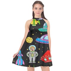 Seamless Pattern With Space Object Ufo Rocket Alien Hand Drawn Element Space Halter Neckline Chiffon Dress  by Wegoenart