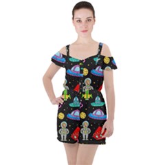 Seamless Pattern With Space Object Ufo Rocket Alien Hand Drawn Element Space Ruffle Cut Out Chiffon Playsuit by Wegoenart