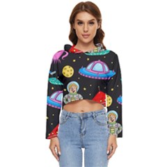 Seamless Pattern With Space Object Ufo Rocket Alien Hand Drawn Element Space Women s Lightweight Cropped Hoodie by Wegoenart