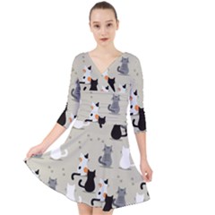 Cute-cat-seamless-pattern Quarter Sleeve Front Wrap Dress by Wegoenart