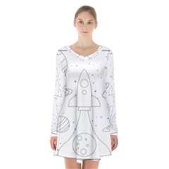 Going To Space - Cute Starship Doodle  Long Sleeve Velvet V-neck Dress by ConteMonfrey