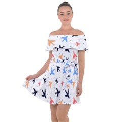 Sky Birds - Airplanes Off Shoulder Velour Dress by ConteMonfrey