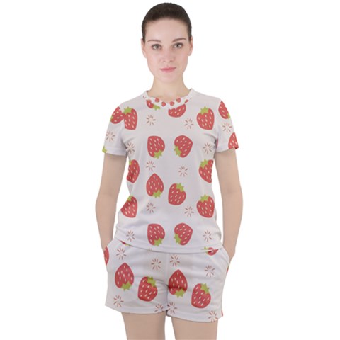 Strawberries Pattern Design Women s Tee And Shorts Set by Wegoenart