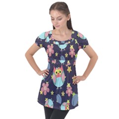 Owl Star Pattern Background Puff Sleeve Tunic Top by Wegoenart